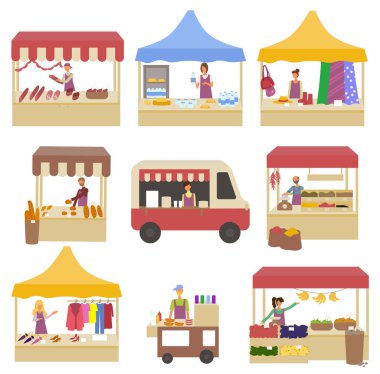 Pazar yeri seti, et, peynir ve ekmek ile çadır, kıyafet ve kumaş perakendecisi. Kahve, sosisli sandviç, alışveriş merkezi, kentsel iş vektörü olan otobüs. Festival pazarı sokak kortları