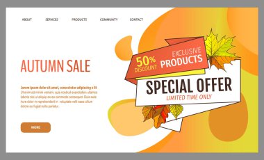 Mevsimlik teklifli kart mağazadan, vektörden. Sonbaharda mağaza satışı. Sonbahar indirimleri var. Sonbahar yaprakları altın etiket ile. El ilanı fiyatları ve indirimli maliyet, promosyon kaliteli mallar