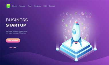 İş kurma vektörü, simgeli roketli kaide ve para birimi para sikkeleri ve bilgi grafikleri, iş projesi, mor renk. Web sitesi veya web sayfası şablonu, iniş sayfası düz biçimi