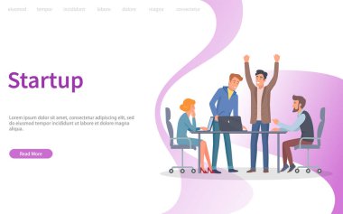 Şirket vektörü için yeni bir çözüm başlatın. Yaratıcı fikri olan bir adam, konferanstaki insanlar, beyin fırtınası yapan işçiler masa başında oturuyor. Web sitesi veya web sayfası şablonu, iniş sayfası düz biçimi