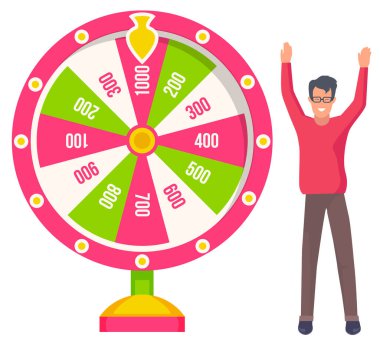 Rulet makinesinde kazanan adam, risk çemberi. Kumar eğlencesi, servet oynayan adam, şanslı oyuncu, iş başarısı, kumarhane eğlencesi. Çizgi film tarzında vektör illüstrasyonu