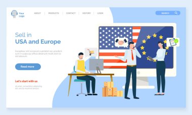 Avrupa ve Usa ilişkileri, iş etkileşimi vektörü, birlikte çalışan insanlar. Şirket yöneticilerinin iş birliği toplantısı. Web sitesi veya web sayfası şablonu, iniş sayfası düz biçimi