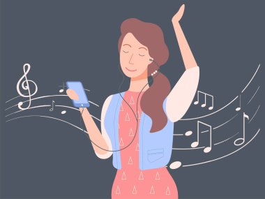 Telefon vektörü olan bir kadın, izole edilmiş, akıllı telefondan müzik dinleyen bir kadın. Notalı çarşaf, kulaklık takan ve düz dans eden kadın. Mutlu müzik kızı. Yeni müzik parçası