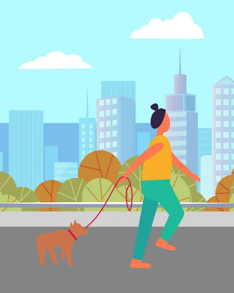 Woman Dog Walking Buildings Trees Female Running Pet Training Outdoor — Stock Vector