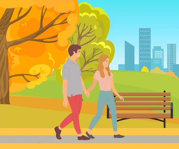 People walking in park of autumn city, man and woman in love holding hands, teenagers on date. Dating boyfriend and girlfriend strolling along road. Vector illustration in flat cartoon style