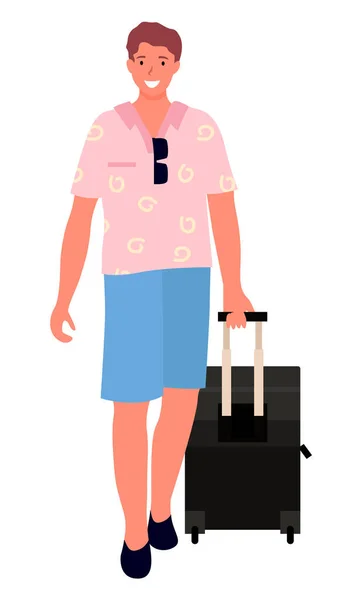 带着黑色轮子手提箱的游客 快乐的男性性格 旅行者 穿着短裤和粉色衬衫去度假的年轻人 平面卡通风格的矢量插图 — 图库矢量图片