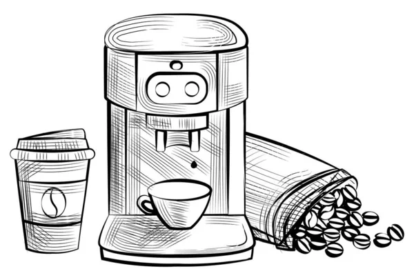 Kahve Yapma Vektörü Tek Renkli Çizim Taslağı Fasulyeli Şeker Torbası — Stok Vektör