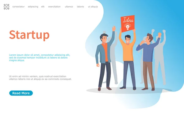 Bedrijfsontwikkeling Besluitvorming Startup Vector Man Houdt Banner Met Grote Gloeilamp — Stockvector