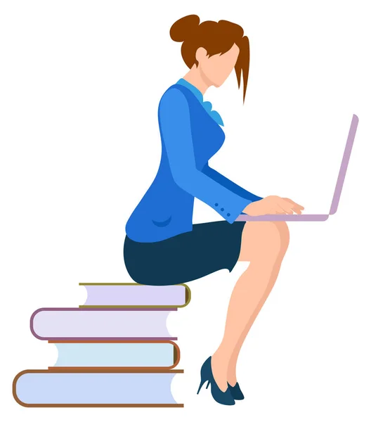 Woman Sitting Piles Book Typing Laptop Vector Cartoon Business Lady — Stock Vector