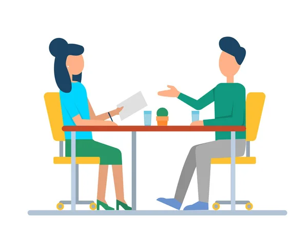 Mann Und Frau Diskutieren Über Arbeit Menschen Tisch Tassen Und — Stockvektor