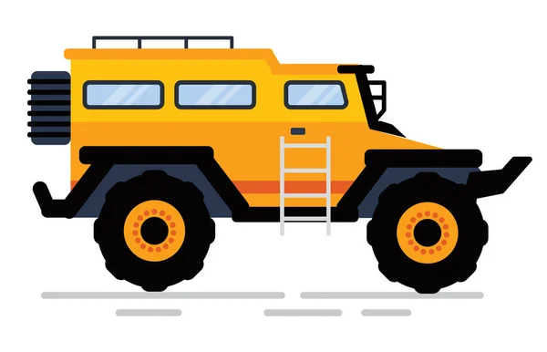 黄色の色でオフロード車 階段やトリック 建設機器とのSuvの側のビュー 大きな車輪 ラリー自動車 輸送と自動車 平面漫画風のベクトルイラスト — ストックベクタ