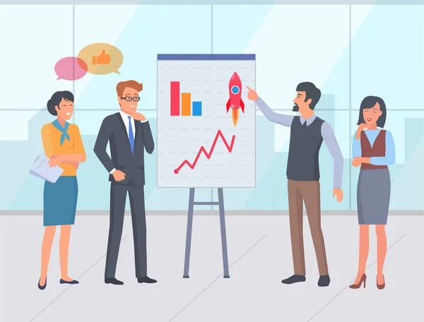Statistieken Whiteboard Presentatie Voor Partners Investeerders Mensen Kijken Naar Grafieken — Stockvector