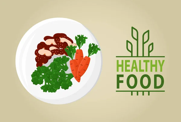 Plakat Zdrowej Żywności Marchew Kapusta Fasola Nerki Talerzu Wegańskie Jedzenie — Wektor stockowy