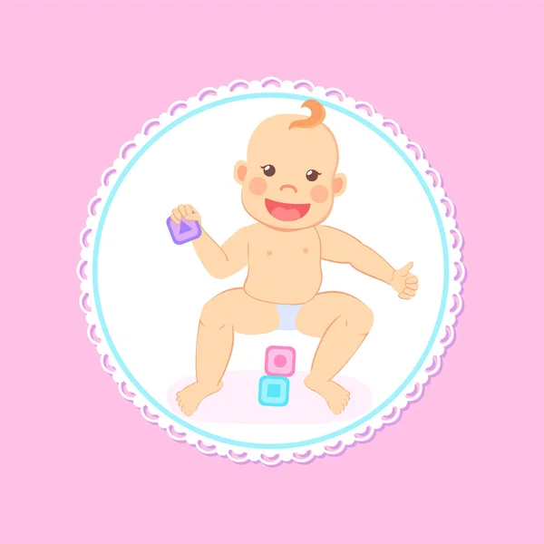 Baby Dusche Grußkarte Kind Spielt Mit Holzklötzen Säugling Baut Pyramide — Stockvektor
