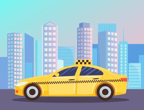 Міський Пейзаж Жовтим Таксі Автомобіль Таксі Офісною Будівлею Хмарочос Фоні — стоковий вектор