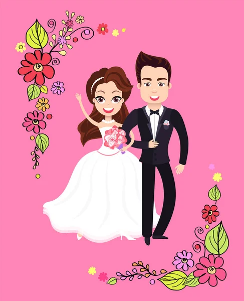 Bride Standing Embracing Groom Newlyweds Characters Wedding Postcard Couple Romantic — Stock Vector
