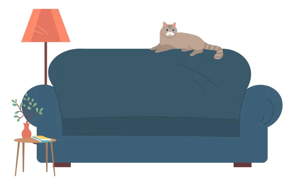 ソファに横たわっ国内猫 誰も柔らかい場所 本や花瓶の家の植物とランプや木製のテーブル アパートや白のリビングルーム 平面漫画風のベクトルイラスト — ストックベクタ