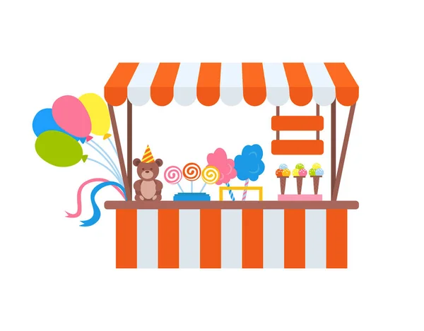 アイスクリーム 綿菓子 甘いとテディベア 風船やリボンのストライプのテーブル おいしい店の装飾 祭りの市場のためのスナックで飾られたキャンディーショップ 平たい漫画風のベクトル — ストックベクタ