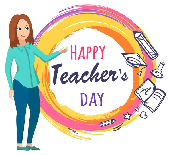 Happy Teacher Day Postcard Decorated Studying Objects Greeting Card Tutor — Stock Vector
