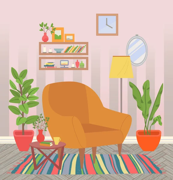 部屋のインテリア カーペットやアームチェア付きの空の家 鉢で成長する観葉植物 花瓶や花 本やろうそくの棚とコーヒーテーブル 平面漫画風のベクトルイラスト — ストックベクタ