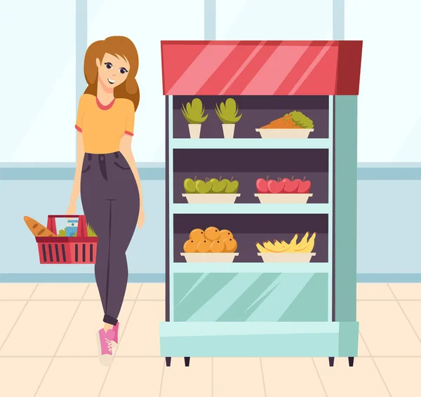 Lebensmittelgeschäft Einkaufen Frau Betrachtet Frisches Gemüse Kühlschrank Käufer Mit Einkaufswagen — Stockvektor