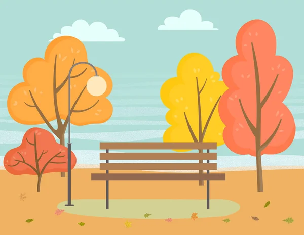 Красивый Пейзаж Осеннего Парка Иллюстрации Векторная Деревянная Скамейка Возле Стенда — стоковый вектор