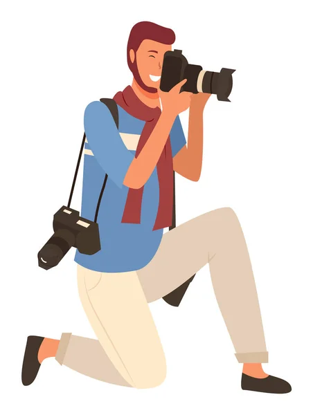 Koresponden Foto Dengan Kamera Terisolasi Pandangan Profil Seorang Paparazzi Berdiri - Stok Vektor