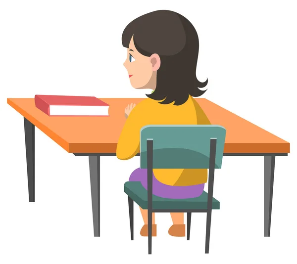 Eğitim Vektörü Soyutlanmış Çocuk Kitapla Birlikte Masada Oturuyor Sınıfta Kadın — Stok Vektör