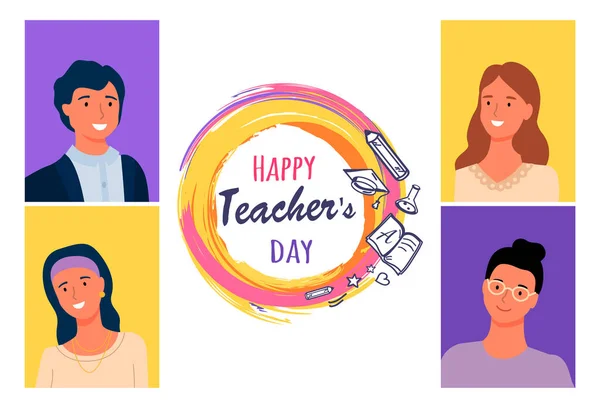 Happy Teachers Day Portraits Best Masters Male Females Pedagogues Appreciation — Stock Vector