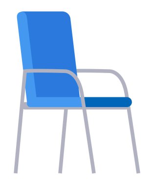 Arkası beyaz arka planda, izole edilmiş mavi yumuşak sandalye. Ev ya da ofis için modern mobilyalar. Dinlenmek, oturmak, oturmak için rahat bir yer. Rahat ahşap koltuk simgesi, düz stil, ön manzara