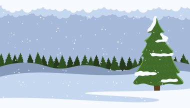 Winter nature landscape with fir-tree and falling snow, spruce forest on the horizon behind a snowy hill. Lonely green conifer tree in the foreground, frosty day in a pine forest vector background clipart