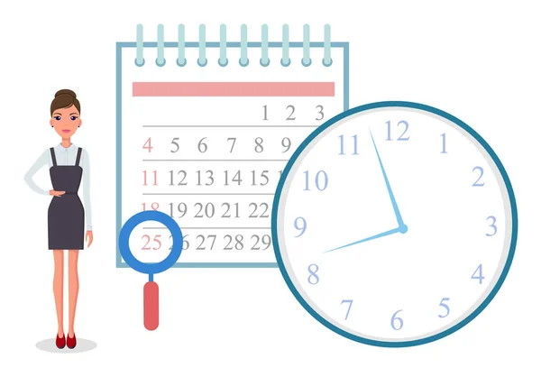 白地の漫画デザインベクトルを時計でカレンダーと時間の近くに立っている実業家との事業計画とスケジューリングの概念 ワークフローの時間管理組織 — ストックベクタ