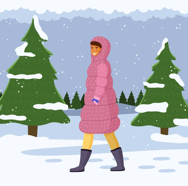 在寒冷天气的病媒图片中 身穿保暖外套头戴头罩的妇女独自走在室外 快乐的女孩在雪地里走过雪地的冷杉 在冬天的风景里 — 图库矢量图片