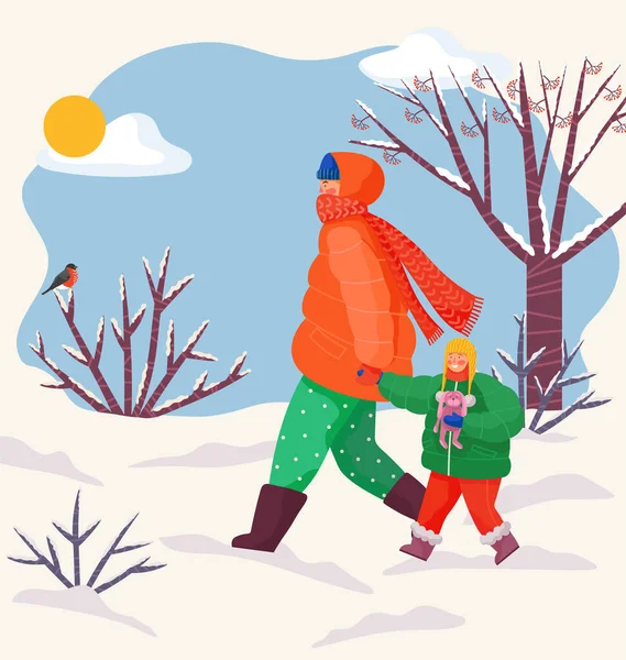 Dad Daughter Having Fun Winter Father Leading His Child Hand — Stock Vector