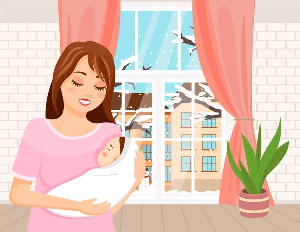 妈妈抱着一个小宝宝站在房间里 在母亲温柔的怀抱中诞生 快乐的年轻女子带着孩子站在室内 靠着冬日的窗户 — 图库矢量图片