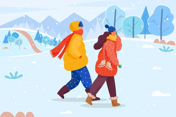 一緒に歩いて暖かい服を着た男と女または2人の女性 友達の芝生や森の中を散歩 帽子やスカーフ オーバーコートやブーツを身に着けている人々 女性はスケートシューズを持っています ベクターイラスト — ストックベクタ