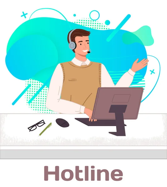 Karakter Erkek Çağrı Merkezi Hattı Çevrimiçi Destek Işçisi Telefon Operatörü — Stok Vektör