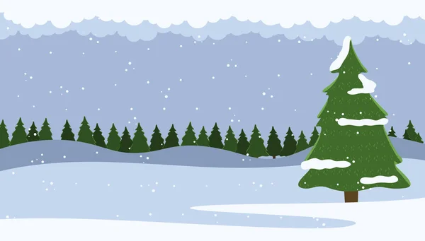 Winter Nature Landscape Fir Tree Falling Snow Spruce Forest Horizon — Stock Vector