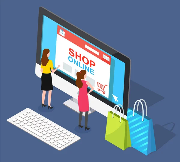 Ženy Dívají Virtuální Obchod Monitoru Dva Lidé Nakupují Produkty Nakupují — Stockový vektor