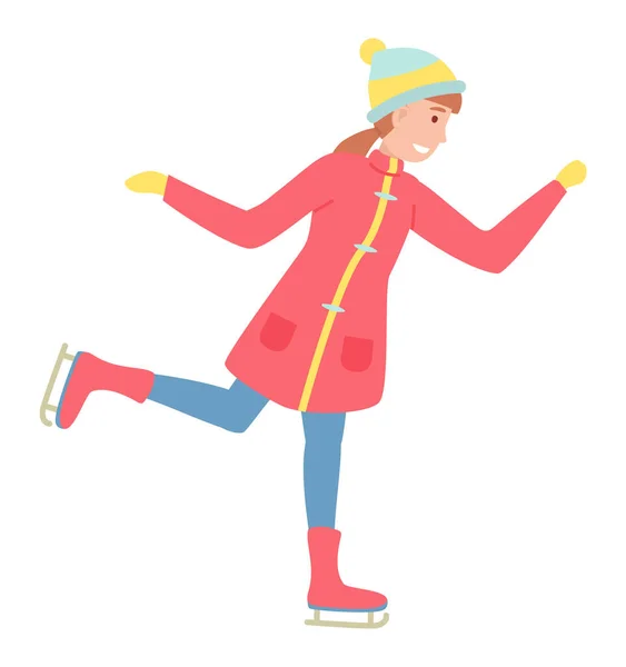 冰上滑冰微笑的女孩在冰面上的插图 病媒卡通片小孩穿着保暖的衣服 穿着白色背景的冰鞋 冬季户外运动中的家庭游戏 — 图库矢量图片