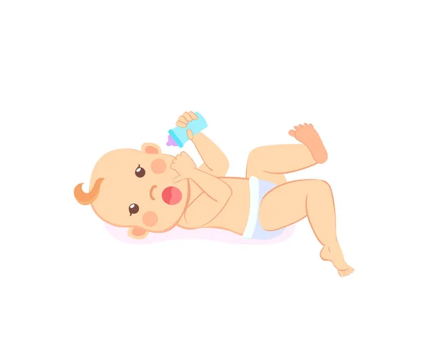 5ヶ月の新生児は 白で隔離された手の中に牛乳や水のボトルで後ろに横たわっています オムツを着たマイルストーンの子供 笑顔の幼児 — ストックベクタ