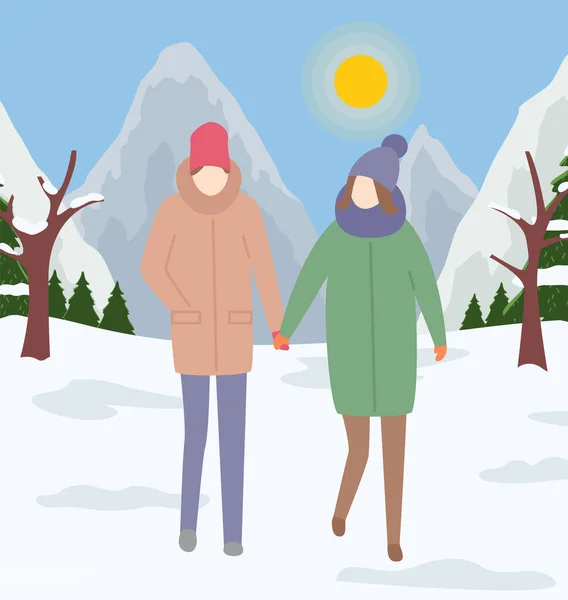 Mann Und Frau Zusammen Schneebedeckten Park Vektor Illustration Paar Genießt — Stockvektor