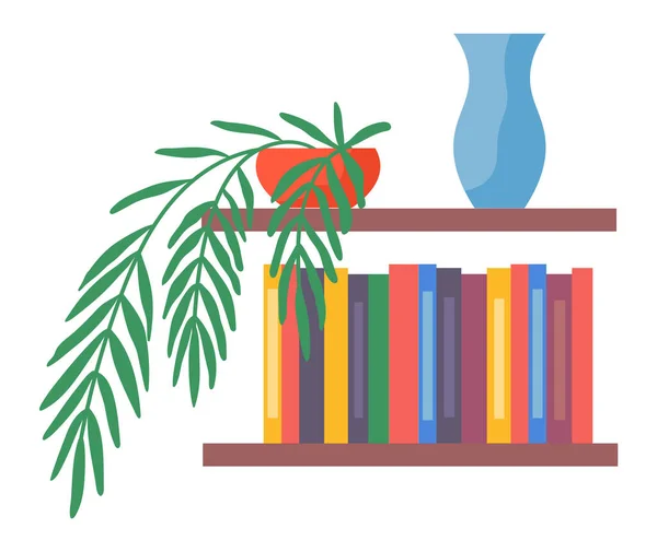 Półka Książkami Rośliną Doniczkową Wnętrzu Pokoju Biblioteka Domowa Literaturą Ilustracja — Wektor stockowy