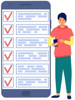 Ay çizelgesi, yapılacaklar listesi, zaman yönetimi uygulaması. Adam akıllı telefondan plan yapmaya yakın duruyor. Plan tamamlandı, görev tamamlandı, zaman çizelgesi telefon ekranında. Liste planlaması, zamanlama kavramı
