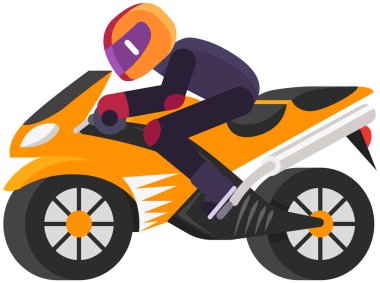 Bisikletçi şehir yolu boyunca motosiklet sürüyor. Motosikletli bir araç. Erkek karakter beyaz arka planda izole edilmiş motosiklet kullanıyor. Yarışçı tulumlu ve kasklı bir adam spor bisiklet yan manzarasında oturuyor.