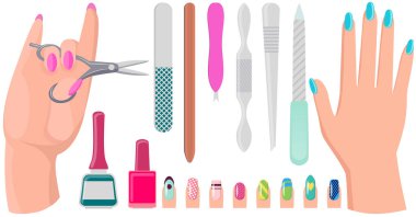 Various accessories and tools for manicure. Hand care products, manicure supplies. Equipment, scissors, nail clippers, polish and nail file. Manicurist supplies for working with nails and cuticles clipart