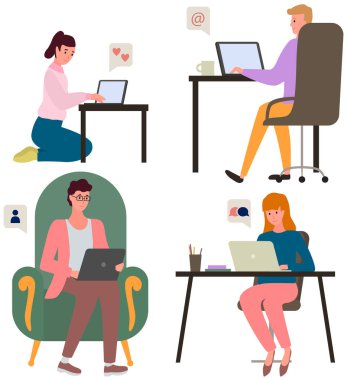 Sohbet, iletişim ve internet üzerinden mesajlar. İnsanlar konuşmak için dizüstü bilgisayar kullanıyor. Bilgisayar klavyesine basmak, online ev rahatlaması. İletişim için dizüstü bilgisayar başında zaman geçiriyor. Al, internetten sev