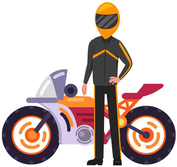 Motocicleta Paseos Moto Largo Ciudad Carretera Vehículo Motociclista Personaje Masculino — Vector de stock