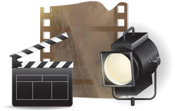 白い背景にアイコンのシネマトグラフィー映画や映画ベクトルのイラストを分離設定します 映画スポットライト カメラとフィルムクラッパーボード フィルムストリップ 撮影用フィルム製造装置 — ストックベクタ