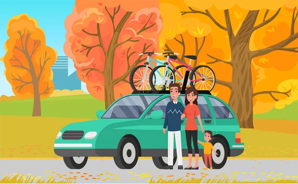 若い家族 母親と子供は 個人的な輸送の近くに手で立っています 男と女と少年が一緒に立っている 自転車の旅や輸送のために車の近くのお母さん お父さん 両親と息子 — ストックベクタ